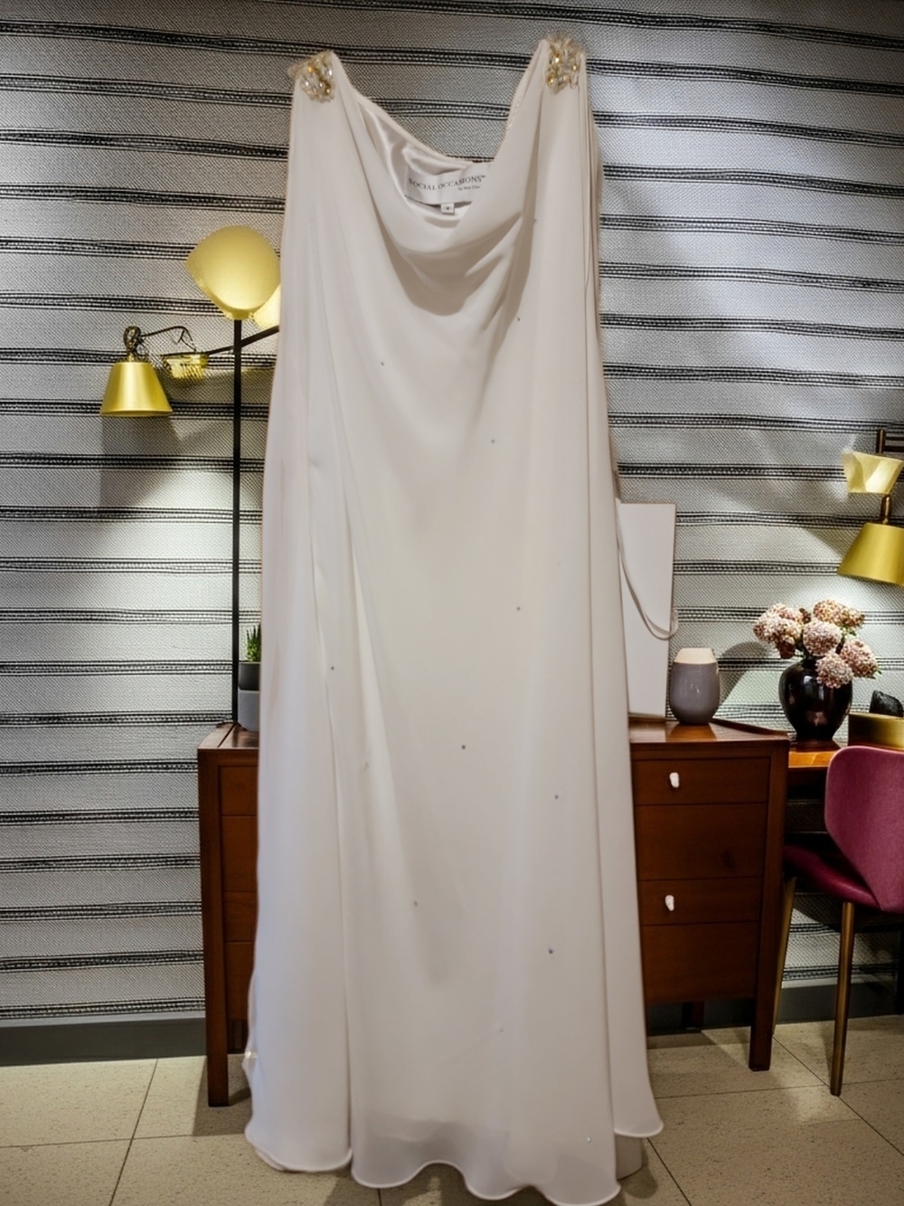 Social Occasions by Mon Cheri Ivory Beaded Cowl Neck Gown